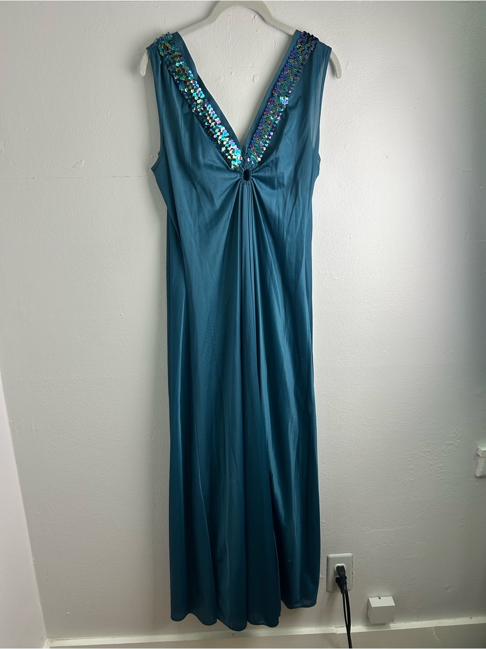 Deena Vintage Size M Beaded Maxi Dress 100% Nylon Lightweight Teal old money